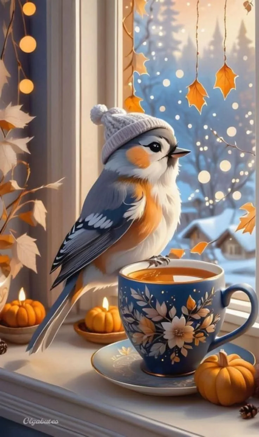 5D Diamond Painting - Vögel und Kaffee