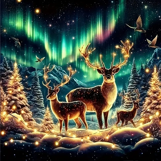 5D Diamond Painting - Aurora und Hirsche