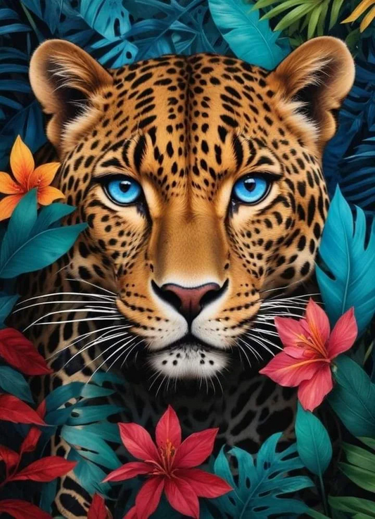 5D Diamond Painting - Leopard in den Blumen