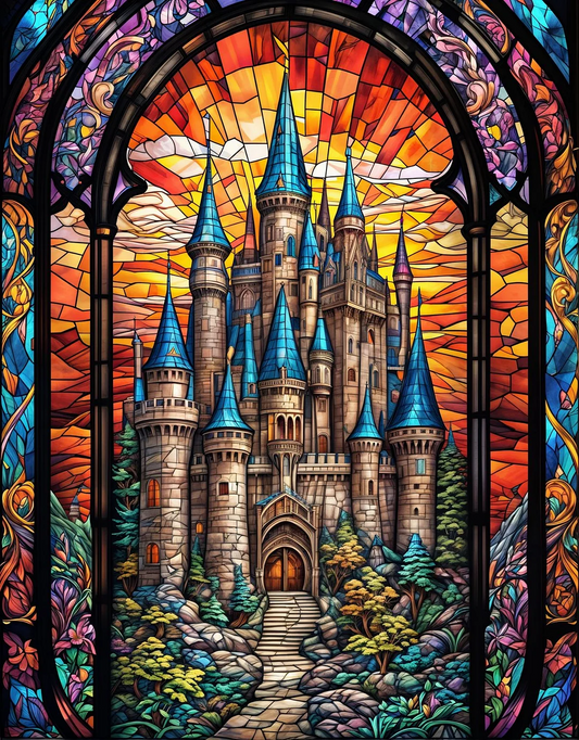 5D Diamond Painting - Schloss im Buntglas Stil