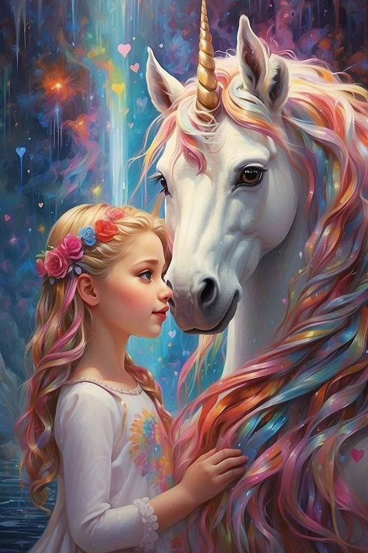 5D Diamond Painting - Mädchen und Einhörner