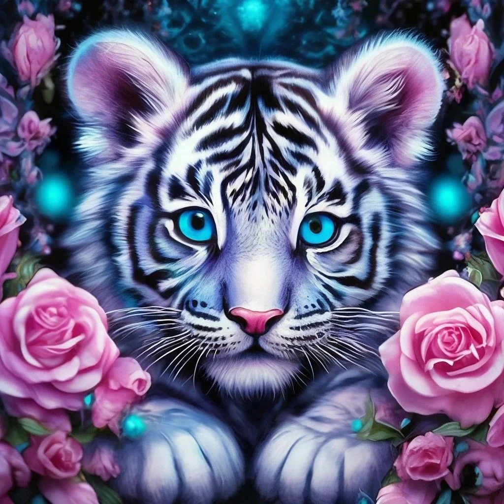 5D Diamond Painting - Weißer Tiger im Blumenbusch