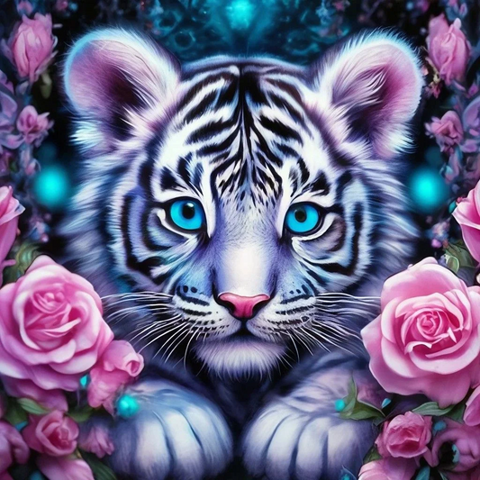 5D Diamond Painting - Weißer Tiger im Blumenbusch
