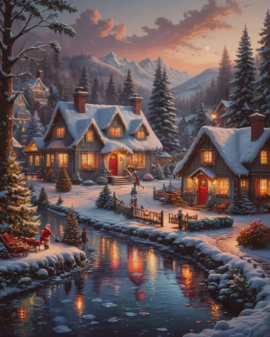 5D Diamond Painting - Verschneite Nacht in einer Kleinstadt