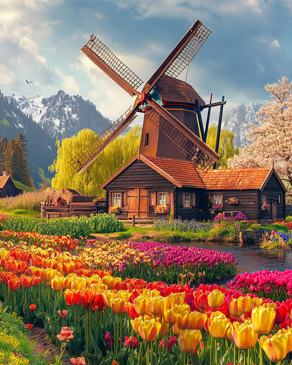 5D Diamond Painting - Windmühlen und Tulpen