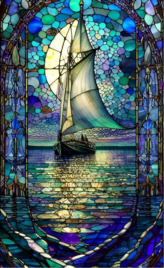 5D Diamond Painting - Buntglas-Stil Segelboot
