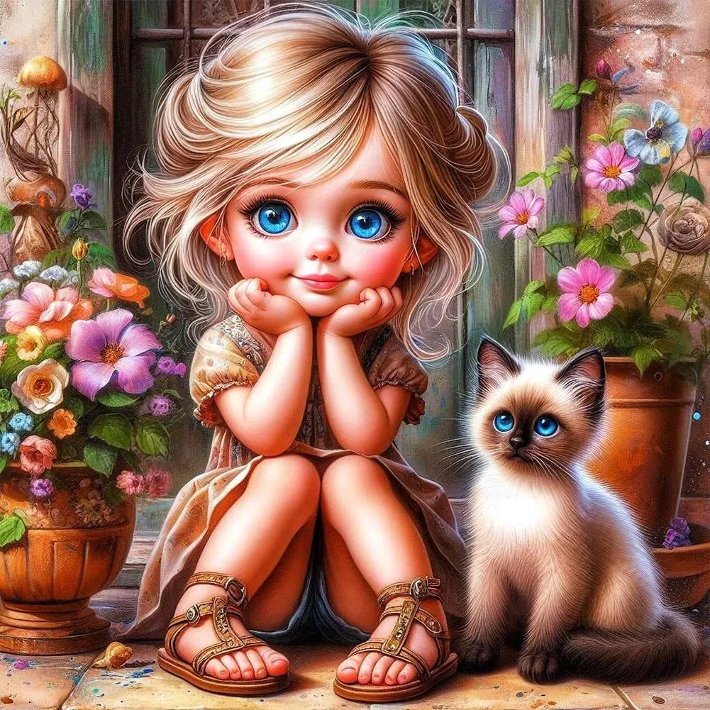 5D Diamond Painting - Mädchen und Kätzchen