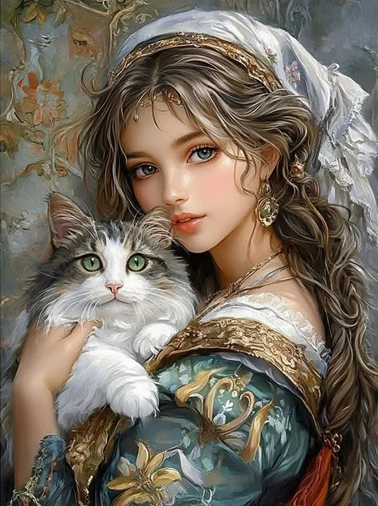 5D Diamond Painting - Mädchen und Katze
