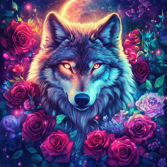 5D Diamond Painting - Wölfe in den Blumen
