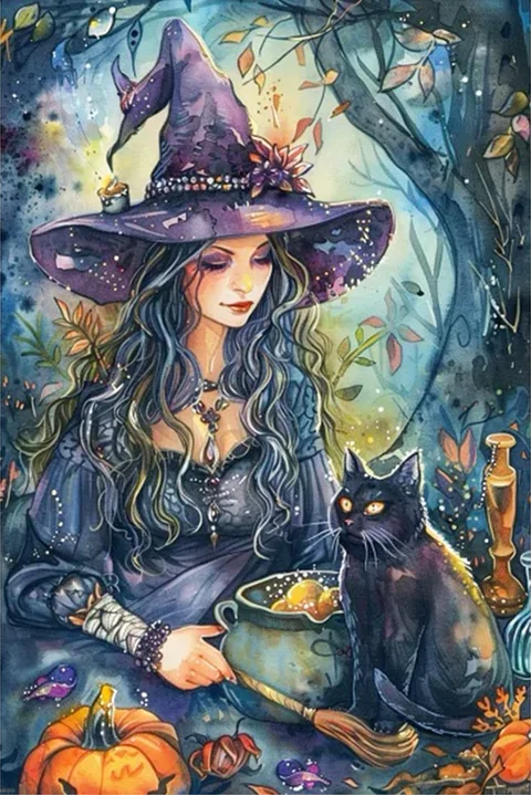 5D Diamond Painting - Die Hexe und die Katze