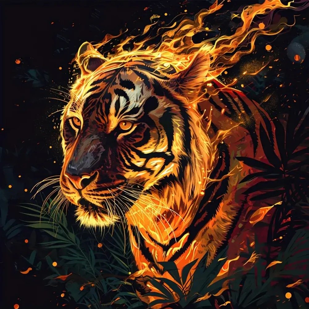 5D Diamond Painting - Der Tiger im Feuer