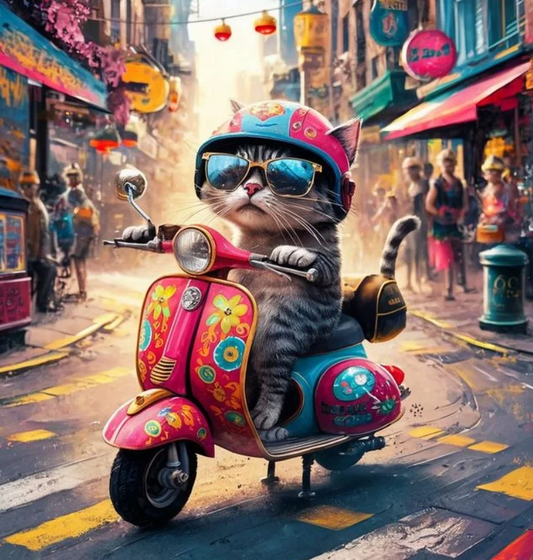 5D Diamond Painting - Die Katze mit dem Motorrad.