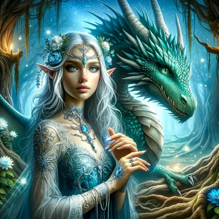 5D Diamond Painting - Schöne Frau und Drache