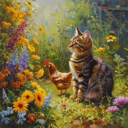 5D Diamond Painting - Katze und Hahn