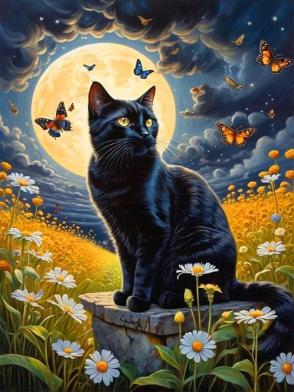 5D Diamond Painting - Schwarze Katze in Blume