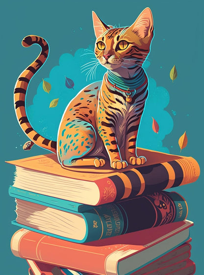 5D Diamond Painting - Katze sitzt auf einem Buch