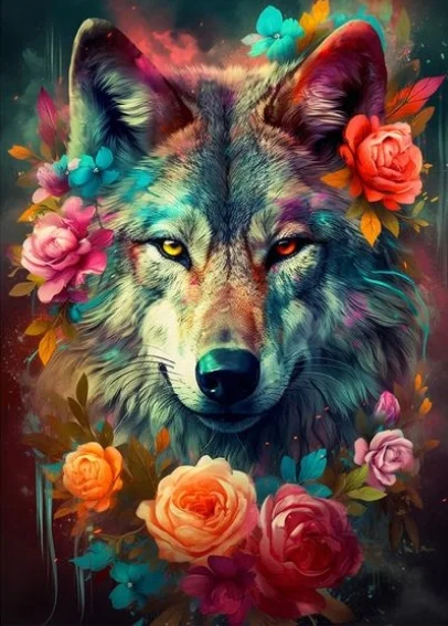 5D Diamond Painting - Wolf in Blüte