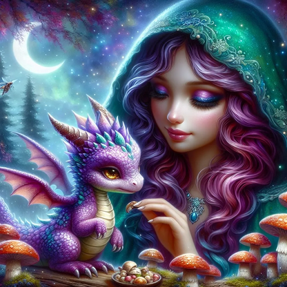 5D Diamond Painting - Frau und kleiner Drache