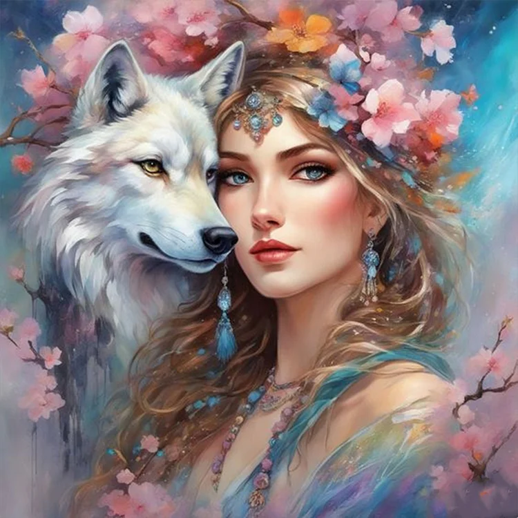 5D Diamond Painting - Frau und Wolf